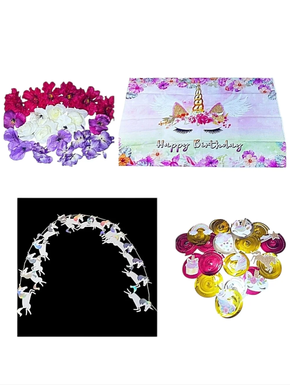 Unicorn Birthday Party Decorations Photo Backdrop Hanging Swirls Banner Flowers